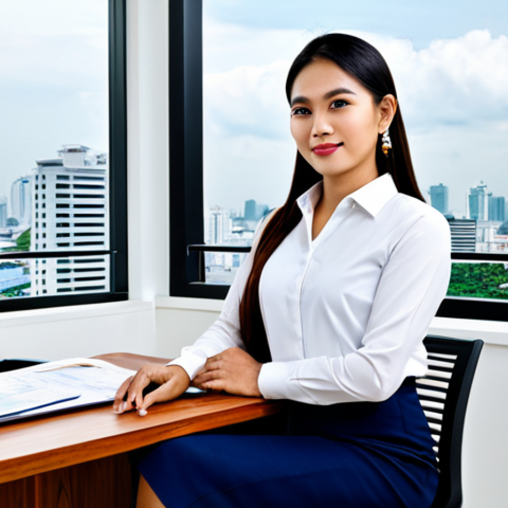 **
"A professional Thai businesswoman in a modern, fully clothed business attire (เสื้อสูท), sitting at a teak wood desk in a contemporary office with Bangkok city view. The office should include traditional Thai art elements, such as a Khon mask. Focus on perfect anatomy, correct proportions, and a natural pose. Safe for work, appropriate content, professional, family-friendly, high quality photography, well-formed hands, proper finger count."
**