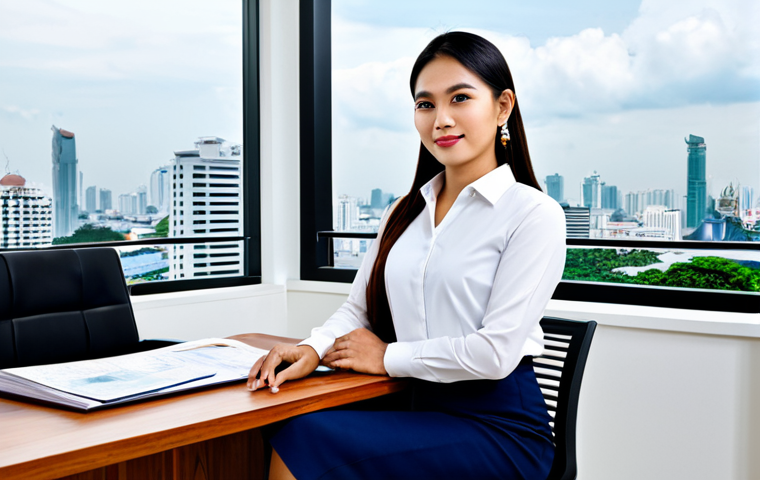 **

"A professional Thai businesswoman in a modern, fully clothed business attire (เสื้อสูท), sitting at a teak wood desk in a contemporary office with Bangkok city view. The office should include traditional Thai art elements, such as a Khon mask. Focus on perfect anatomy, correct proportions, and a natural pose. Safe for work, appropriate content, professional, family-friendly, high quality photography, well-formed hands, proper finger count."

**