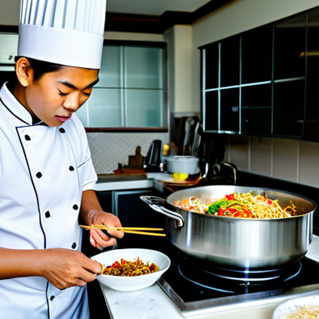 **
A Thai chef in a clean, professional kitchen, preparing a Pad Thai dish, fully clothed in chef's whites, appropriate attire, safe for work, perfect anatomy, correct proportions, high-quality image, vibrant colors, well-lit. Focus on the action of cooking, with visible ingredients and cooking utensils. Modest and family-friendly.
**