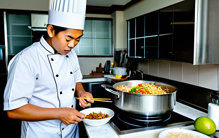**

A Thai chef in a clean, professional kitchen, preparing a Pad Thai dish, fully clothed in chef's whites, appropriate attire, safe for work, perfect anatomy, correct proportions, high-quality image, vibrant colors, well-lit. Focus on the action of cooking, with visible ingredients and cooking utensils. Modest and family-friendly.

**