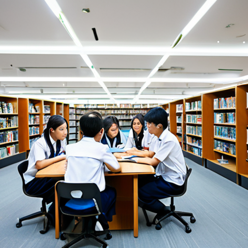 지식 공유와 혁신의 관계 - Inspiring Innovation**
"A group of Thai students in a modern library, collaborating on a project, s...