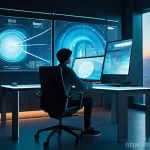 Home 22 지식 정보의 주체와 지식 공유의 책임 - **Prompt:** A young adult, dressed in comfortable modern clothing, sits at a desk in a futuristic, s...