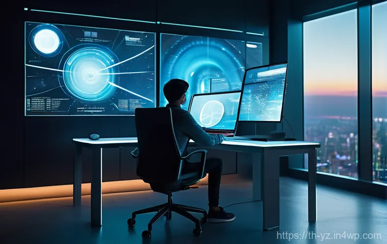 지식 정보의 주체와 지식 공유의 책임 - **Prompt:** A young adult, dressed in comfortable modern clothing, sits at a desk in a futuristic, s...