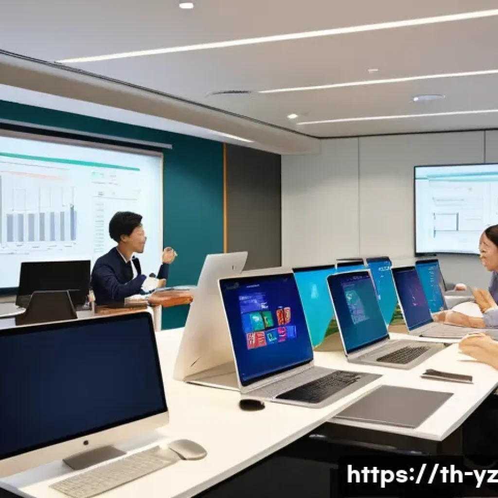 지식 공유 시스템의 구현을 위한 체크리스트 - A modern office setting in a Thai corporate environment where diverse employees enthusiastically par...
