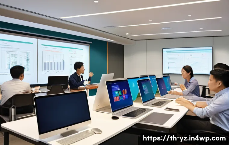 지식 공유 시스템의 구현을 위한 체크리스트 - A modern office setting in a Thai corporate environment where diverse employees enthusiastically par...