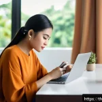 Home 23 지식 공유 시스템의 보안 및 개인정보 보호 - A young Thai woman sitting comfortably at a modern home office desk, carefully adjusting privacy set...