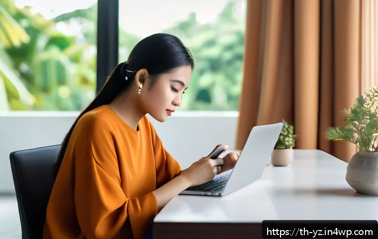 지식 공유 시스템의 보안 및 개인정보 보호 - A young Thai woman sitting comfortably at a modern home office desk, carefully adjusting privacy set...
