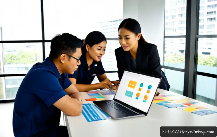 지식 공유 시스템의 고객 피드백 처리 방법 - Photorealistic Thai customer support team reviewing feedback for a knowledge-sharing system in a bri...